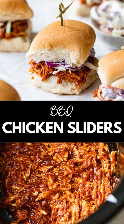 This simple slow cooker BBQ Chicken Sliders recipe features shredded chicken cooked low and slow in barbecue sauce. Each sandwich is topped with homemade creamy coleslaw, making them a perfect snack for the backyard barbecue! Crock Bbq Chicken, Barbeque Pulled Chicken Crockpot, Shredded Barbecue Chicken Crock Pots, Crock Pot Sliders Recipes, Shredded Barbecue Chicken Sandwiches, Shredded Chicken Sliders Recipes, Crockpot Sliders Recipes, Bbq Shredded Chicken Recipes, Bbq Shredded Chicken Crockpot