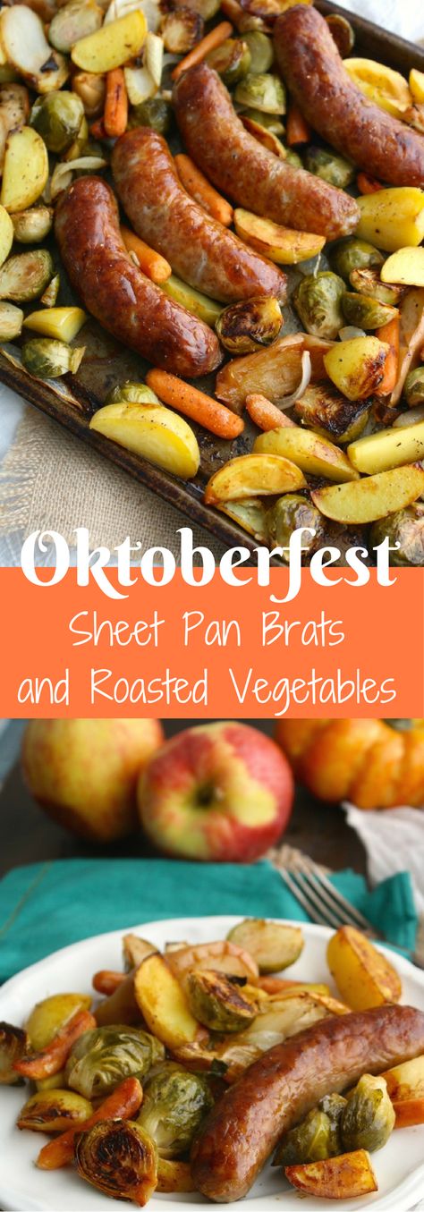 Sheet Pan Brats, Sheet Pan Suppers, Fall Foods, Fall Cooking, Fall Dinner, Sheet Pan Dinners, Sheet Pan Recipes, Sausage Recipes, Roasted Veggies