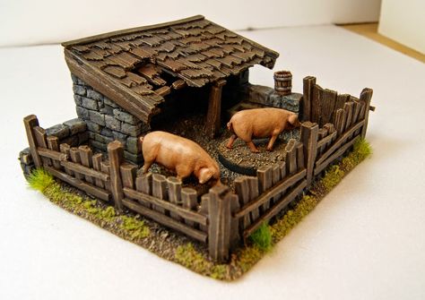 Miniature Warfare: Pigsty... A great place to stay. Back in the early years of the USA the State of Ohio and Michigan Territory nearly came to blows over pigs. Village Miniature, Miniature Gaming, Game Terrain, Medieval Houses, Wargaming Terrain, Avatar Movie, Hobby Horse, Miniature Crafts, Toy Soldiers