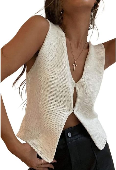 Women Crochet Knit Vest Sleeveless Button Down Vintage Knitted Vest Tops Y2k Streetwear White S at Amazon Women’s Clothing store Sleeveless Knitted Vest, Dressy Crop Top, Crop Tops Y2k, Cardigan Vest Sleeveless, Vest Tops, Knitted Vest, Streetwear Tops, Top Streetwear, Long Sleeve Pullover Sweater