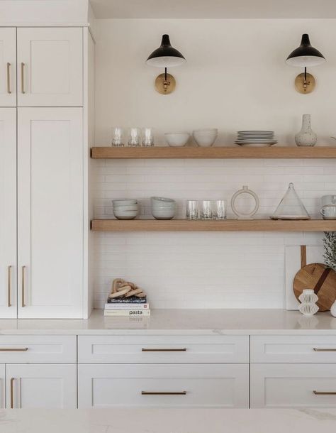 Neutral Kitchen with open shelving No Upper Cabinets, Modern Cabins, Kitchen Open Shelves, Kitchen Floating Shelves, Kitchen Shelf Decor, Kitchen Wall Shelves, Floating Shelves Kitchen, Open Kitchen Shelves, Wall Shelves Design