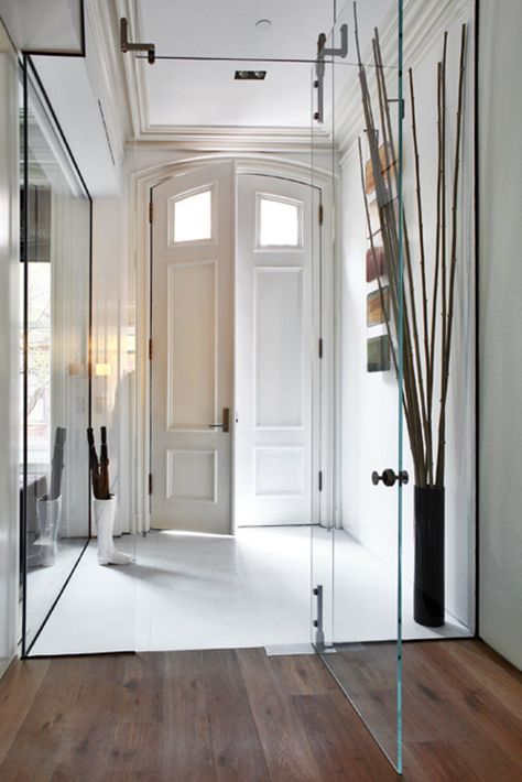 Charles Street Townhouse | The Turett Collaborative | Archinect Interior Glass Doors Ideas, Townhome Renovation, Glam Rooms, Tall Doors, West Village Townhouse, Street Townhouse, Cape Dutch, Frameless Glass Doors, Console Styling