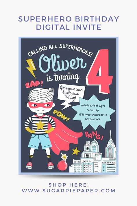 Superhero Birthday Party Invitations Boy Birthday Theme, Superhero Birthday Party Invitations, Pizza Party Invitations, Superhero Birthday Invitations, Superhero Invitations, Puppy Birthday Parties, Kids Themed Birthday Parties, Sugar Pie, Birthday Themes For Boys