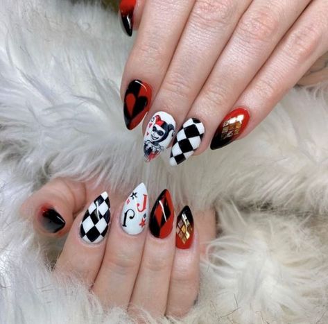 Alastor Inspired Nails, Villains Nails, Poker Nails, Alice Nails, Circus Nails, Gothic Nail Art, Halloween Nail Art Tutorial, Holloween Nails, Vegas Nails