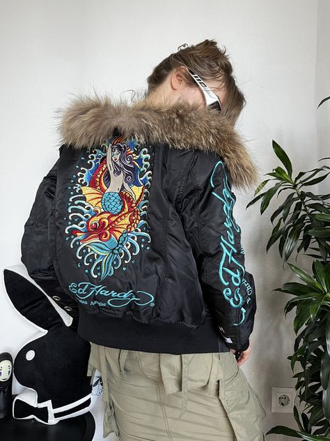 Vintage VINTAGE Y2K ED HARDY EMBROIDERED BIG LOGO DOWN PUFFER JACKET | Grailed Ed Hardy Puffer Jacket, Ed Hardy Jacket, Jordan 4 Outfits, Y2k Ed Hardy, Vintage Ed Hardy, Luxury Winter, Down Puffer Jacket, Christian Audigier, Fur Hood