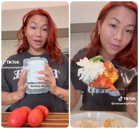 Chef and TikTok creator Cassie Yeung shares how to turn leftover rice into a savory breakfast dish with the addition of tomatoes and eggs. Tomatoes And Eggs, Tomato Egg, Tiktok Creator, Salmon Bowl, Filling Lunch, Tomato Jam, Leftover Rice, Second Breakfast, Egg Dish