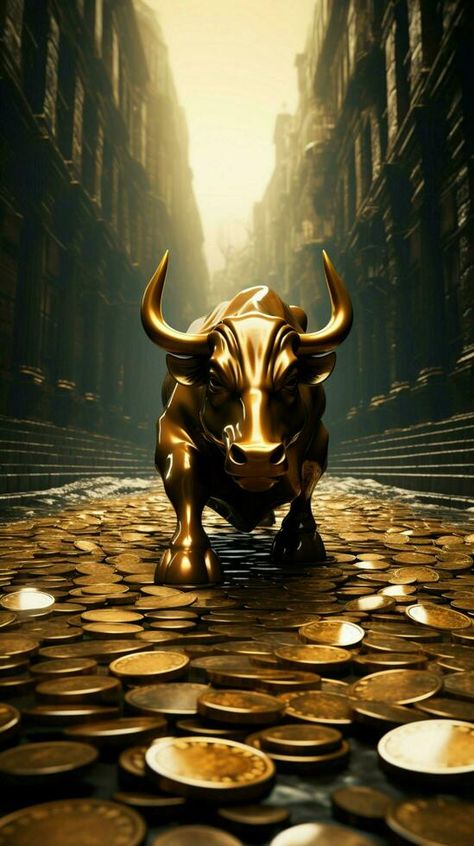 A stone road featuring a bull statue surrounded by scattered coins Vertical Mobile Wallpaper AI Generated Bull Statue, Bulls Wallpaper, Stone Road, Coffee Wallpaper, Net Top, A Bull, Tree Saw, Cityscape Photos, Logo Banners