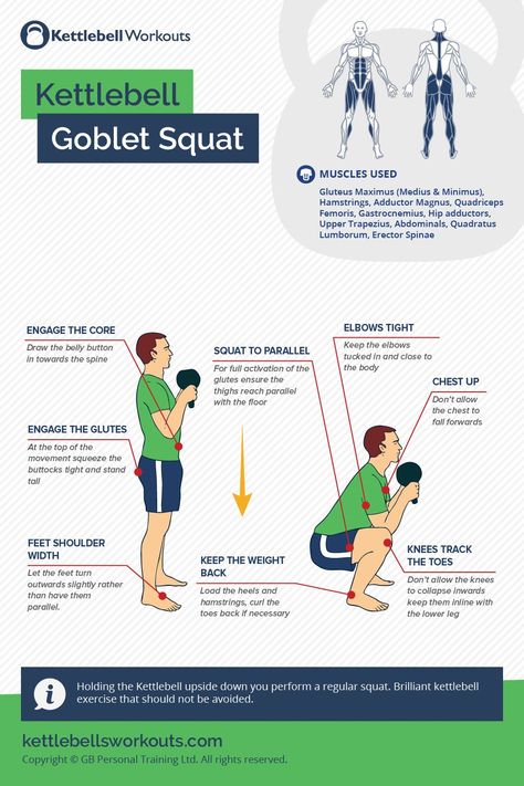 Kettlebell Goblet Squat, Goblet Squat Form, Kb Exercises, Squat Kettlebell, Gym Bodies, Kettlebell Squats, Kettlebell Workouts For Women, Full Body Kettlebell, Quadriceps Femoris