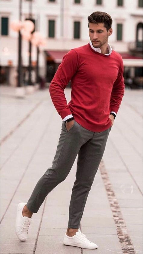 Short Sweater Outfit, Mens Red Sweater, Red Sweater Outfit, Red Dress Casual, Sweater Outfits Men, Men's Business Outfits, Sweater Outfits Fall, Stylish Men Casual, Mens Casual Dress Outfits