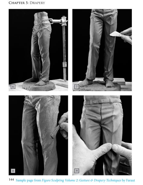 Page 144 from Faraut's book Figure Sculpting Volume 2 showing techniques for modeling pants in clay. Philippe Faraut, Sculpting Techniques, Figure Sculpting, Sculpting Tutorials, Character Statue, Sculpture Techniques, Construction Techniques, Sculpture Art Clay, Figure Reference