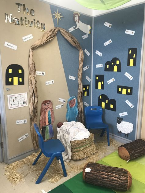 Nativity corner/role play area for year 1 Nativity Dramatic Play, Nativity Dramatic Play Preschool, Christmas Role Play Area Eyfs, Stable For Christmas Play, Nativity Role Play Area, Christmas Role Play Area, Christmas Home Corner Role Play, Christmas Play Props Nativity, Reggio Christmas