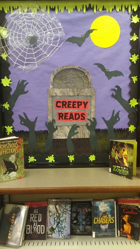 Literary Costumes, School Library Book Displays, Library Halloween, Halloween Library, Library Window, Kitchen Boards, Halloween Dessert Table, Library Book Displays, Library Inspiration