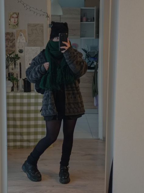 Winter Aestethic Outfit, Rainy Day Alternative Outfit, Black Leg Warmers Outfit Winter, Outfits With Black Leg Warmers, Winter Emo Outfits Cold Weather, Goth Outfits Cold Weather, Goth Cold Weather Outfits, Winter Alt Outfits Cold Weather, Alt Winter Outfits Cold Weather