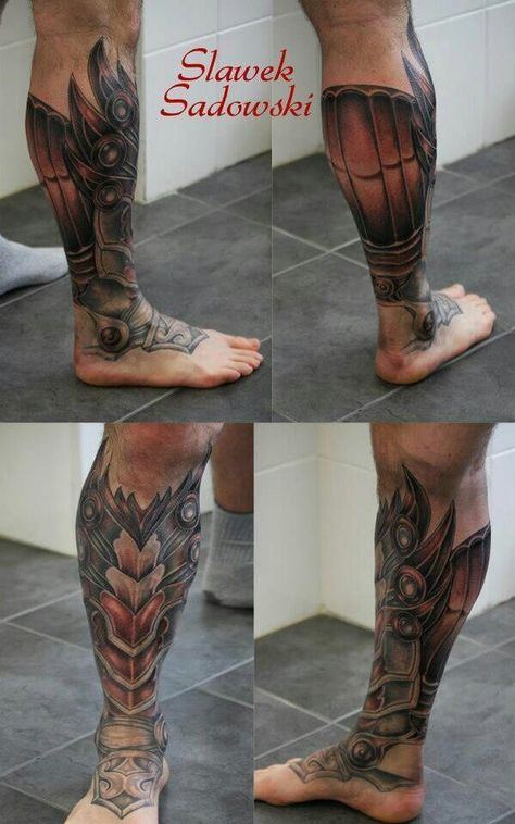 Shin guard Armour Tattoo, Tato 3d, Shoulder Armor Tattoo, Tattoos Masculinas, Tatoo 3d, Leg Armor, Shin Tattoo, Tattoo Thigh, Armor Tattoo