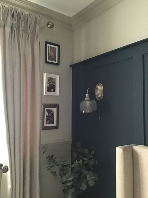 Farrow and Ball Drop Cloth estate emulsion on picture wall, Hague Blue on panel wall Drop Cloth Farrow And Ball, Hauge Blue, Farrow And Ball Drop Cloth, Blue Panelling, Breakfast Room Green, Hague Blue, Room Green, Farrow And Ball, Ball Drop