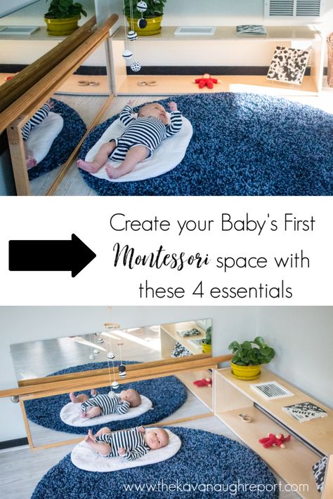 Montessori Baby Movement Area Essentials Montessori Space, Montessori Newborn, Playroom Montessori, Minimalist Baby Room, Montessori Toddler Rooms, Montessori Baby Activities, Montessori Infant Room, Baby Play Areas, Montessori Nursery