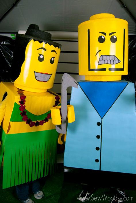 DIY Lego Costumes from SewWoodsy.com #Halloween #Costumes #DIY Lego Costume Diy, Lego Costumes, Diy Adult Halloween Costumes, Halloween Costumes Diy Couples, Lego Costume, Diy Couples Costumes, Funny Couple Halloween Costumes, Best Couples Costumes, Diy Lego