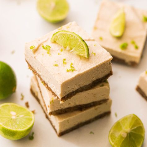 No-Bake Key Lime Pie Bars (Paleo, Vegan) Paleo Key Lime Pie, Healthy Key Lime, Healthy Key Lime Pie, Vegan Key Lime Pie, Vegan Thanksgiving Dessert, Vegan Key Lime, Key Lime Pie Bars, Pecan Crust, Lime Desserts