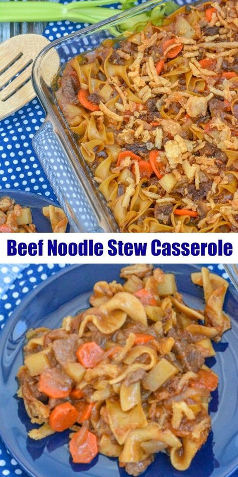 Beef Noodle Stew Casserole - This hearty meal is perfect for when the temperatures dip. This quick and easy casserole has all of the meat, veggies and noodles you need in one dish topped with crunchy onions. A perfect dinner recipe for the whole family. #dinnerrecipe #dinner #casserolerecipie #fallrecipe #familyfriendly #quickandeasy Beef Noodle Stew, Veggies And Noodles, Crunchy Onions, Delicious Family Dinners, Beef Stew Meat, Perfect Dinner, Savory Sauce, Beef And Noodles, Beef Casserole