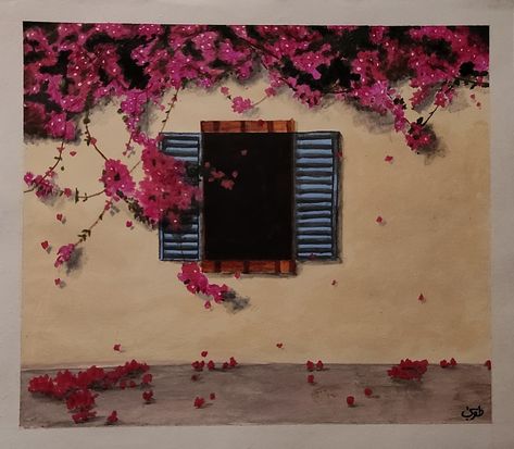 A window that is open. Pink flowers of a tree vine falling through the breeze. Aesthetic Window, Bougainvillea Flower, An Open Window, Spring Breeze, Open Window, Bougainvillea, The Tree, Pink Flowers, Vines