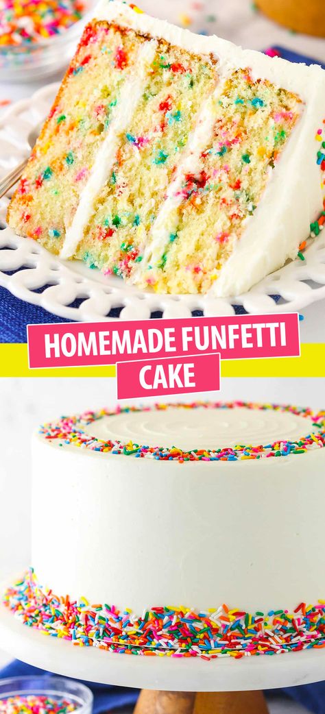 This Funfetti cake is made up of three layers of moist, buttery vanilla cake packed with colorful rainbow sprinkles. It is filled and frosted with a rich, vanilla buttercream and finished off with even more rainbow sprinkles. It practically screams “Party time!”. Vanilla Rainbow Cake, Funfetti Tiered Cake, Birthday Cake With Whipped Cream, Rainbow Cake Sprinkles, Funfetti Cake Moist, Lemon Funfetti Cake, White Cake With Rainbow Sprinkles, Crayola Cake Ideas, Fun Birthday Cake Flavors