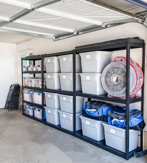 Holiday Storage Ideas Garage, Garage Clean Out, Garage Bin Organization, Organizing Garage Ideas, 2 Car Garage Organization, Aesthetic Garage, Declutter Garage, Garage Shelving Ideas, Organize Garage