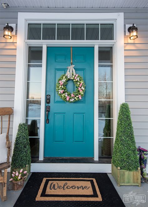 Spring 2018 Front Door & Living Room Tour | The DIY Mommy Teal Front Door Colors, Teal Front Door, Teal Front Doors, Teal Door, Diy Mommy, Entry Mat, Pink Diy, Turquoise Front Door, Front Door Paint Colors