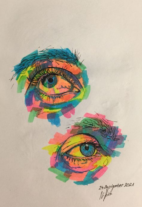 Pen And Highlighter Art, Doodle With Highlighters, Drawing Using Highlighter, Hilighter Drawing, Drawing With Highlighters Markers, Doodles With Highlighters, Art With Highlighters Markers, Highlighter Eyes Drawing, Drawing With Highlighter