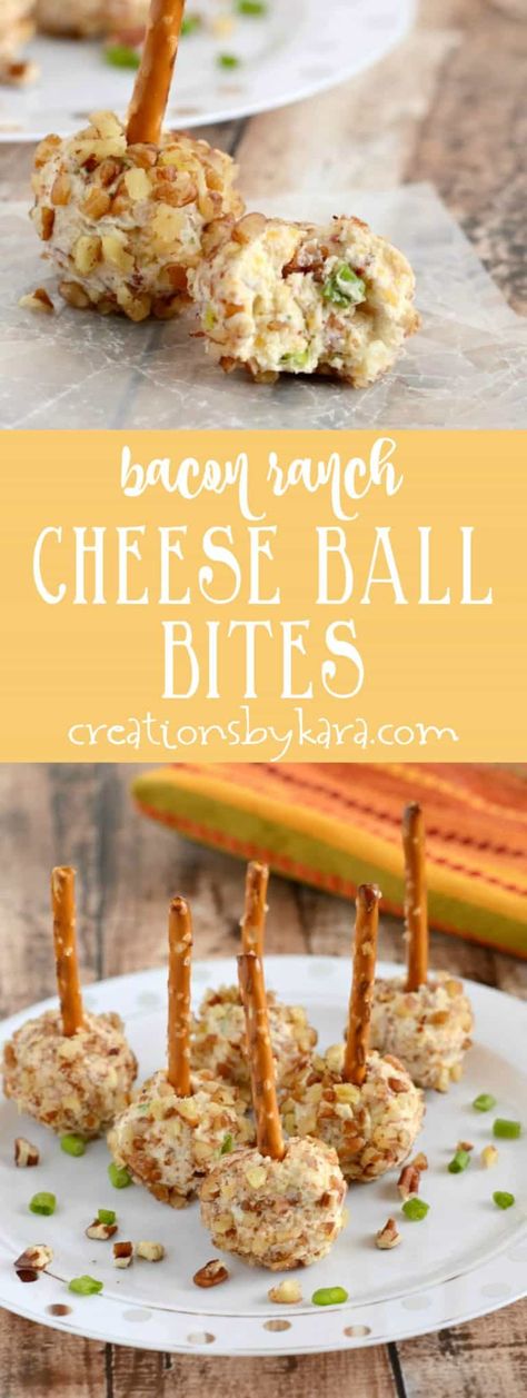 Serve these mini bacon ranch cheese ball bites and get rave reviews. Loaded with bacon and ranch, they are always a crowd pleasing cheese ball recipe. A great game day appetizer. #minicheeseball #ranchcheeseball #baconranch #cheeseballbites #appetizer -from creationsbykara.com Bacon Cheese Ball, Bacon Ranch Cheese Ball, Ranch Cheese Ball, Fun Appetizers, Cheese Ball Bites, Healthy Superbowl Snacks, Lake Ideas, Appetizers For A Crowd, Wine Party