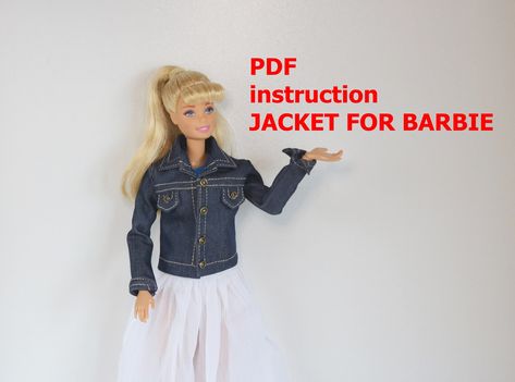 The clothes pattern for popular plastic 12 in dolls. A jeans jacket for a doll. This Tutorial is in English. Difficulty: medium. Requires minimal sewing skills. This lesson contains the pattern and sewing instructions with photos of the jacket for a doll. The outfit on the doll Barthe. Patterns are available for instant download as soon as your payment is processed. If you have any questions then I will be glad to answer them. The pattern is intended for personal use. You can sew and sell the fi Sew And Sell, Free Barbie, Doll Patterns Free, Doll Barbie, Sewing Instructions, Monster Dolls, Plastic Doll, Clothes Pattern, Barbie Patterns