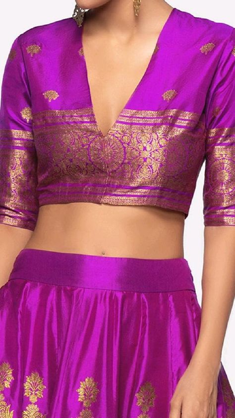 Long Silk Brocade purple Blouse design for women Front And Back Blouse Designs, Blouse Design For Heavy Bust, Front And Back Blouse Designs Latest, Back Blouse Designs Latest, Blouse Design For Women, Back Blouse Designs, Model Blouse, Fashion Blouses, Latest Model Blouse Designs