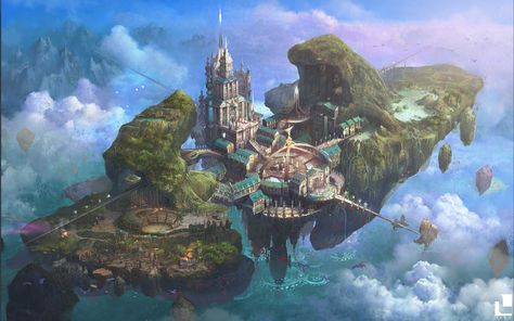 Inspirational Art - Exalted 3e Edition - Onyx Path Forums Décor Steampunk, Island In The Sky, Floating In The Sky, Floating City, Gato Anime, Castle Art, Castle In The Sky, Fantasy City, Fantasy Castle