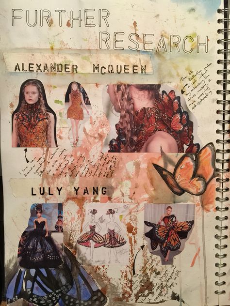 Research into Alexander McQueen. Lydia. Textiles Ideas, Billy Kidd, Fashion Sketchbook Inspiration, Fashion Portfolio Layout, Sketchbook Layout, Textiles Sketchbook, Gcse Art Sketchbook, Fashion Design Books, A Level Art Sketchbook