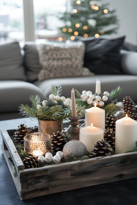 Christmas Living Room Centerpiece, Christmas Living Room Table Decor, Christmas Cones Decorations, Non Traditional Christmas Decor, Small Table Christmas Decor, Modern Christmas Decor Living Rooms, Christmas Home Decor Ideas Living Room, Christmas Tray Decor Ideas, Xmas Tables