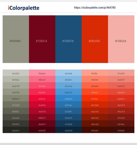 Colors included in this palette similar to Blumine, Brown, Dark Gray, Gray, Gray and Maroon, Gray and Midnight Blue, Gray and OrangeRed, Gray and Wheat, Grenadier, Lemon Grass, Maroon, . Download color palette as Pdf, Adobe swatch and more. Cream Color Scheme, Red Color Combinations, Pink Color Combination, Beige Color Palette, Dark Color Palette, Orange Color Palettes, Purple Color Palettes, Winter Color Palette, Yellow Colour Scheme