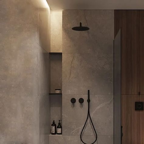 Brass Shower Head, Bathroom Inspiration Modern, Shower Fixtures, Bad Inspiration, Shower Niche, Bathroom Inspiration Decor, Black Shower, Modern Shower, Shower Design