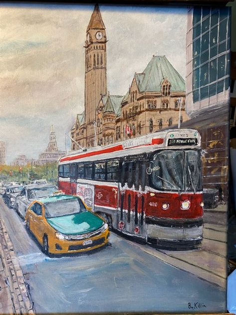 A painted view of old Toronto City Hall looking west along Queen Street based on photo November 7, 2018. #Toronto #streetcar #urbanlandscapepainting Toronto Streetcar, Toronto City Hall, Toronto Art, Old Toronto, Toronto City, Street Cars, Street Scenes, City Hall, The Queen