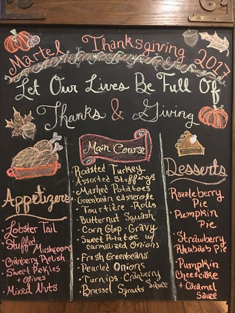 Thanksgiving Day Menu Sign Chalkboard Thanksgiving Menu Chalkboard, Menu Chalkboard Art, Chalkboard Thanksgiving, Pumpkin Cheescake, Turkey Desserts, Thanksgiving Chalkboard, Menu Chalkboard, Pickled Olives, Carmelized Onions