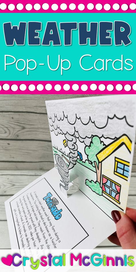 Your kids will love learning about the weather with these pop-up cards! You get 10 different pop-up cards that cover the topics of tornadoes, blizzards, clouds, rain, snow, fog, floods, hurricanes, and more! The cards come in two different designs. One design provides writing lines for your kids to write their own weather related information. The other design has a reading passage that provides your kids information about the weather topic. Weather Elementary, Tornado Craft, Preschool Sight Words Activities, Weather For Kids, Ingles Kids, Weather Activities For Kids, Reading And Writing Activities, Weather Lessons, Weather Activity