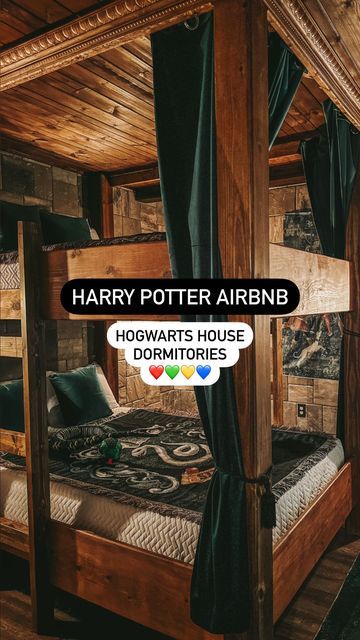 Sarah | Wizarding Creator on Instagram: "‼️ Which Hogwarts house dormitory would you choose? Gryffindor ❤️🦁 Slytherin 💚🐍 Hufflepuff 💛🦡 Ravenclaw 💙🦅 Sharing 4 of the 8 rooms in this Harry Potter themed Air bnb! Each of these themed rooms came with a full sized, built in bunk bed! @greatescapevillas [hosted] ✍️ Bookings: @greatescapevillas 📍Location: Davenport, Florida ✨ The Ravenclaw room had its own full bathroom ✨ The Slytherin and Hufflepuff rooms connected to and share a full bathroom Harry Potter Bunk Bed, Hogwarts Dorm Room Gryffindor, Hufflepuff Bedroom Decor, Harry Potter Room Decor Bedroom Ideas Slytherin, Ravenclaw Common Room Bedrooms, Gryffindor Bedroom Ideas, Hogwarts Inspired Room, Hogwarts Themed Bedroom, Adult Harry Potter Bedroom