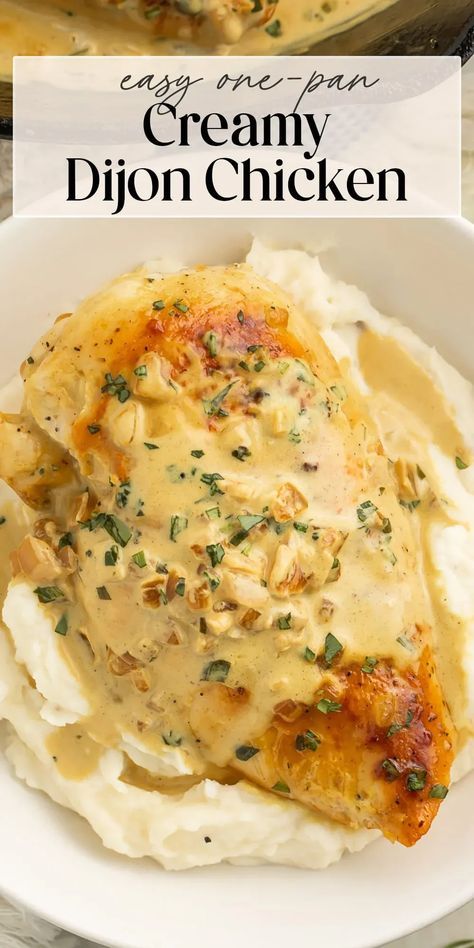 Creamy, slightly tangy, and perfectly savory, this creamy Dijon chicken is a staple in our house. A family I nannied for when I studied abroad in Paris gave me this basic recipe decades ago, and I’ve never forgotten the power of aromatics, deglazing with wine, fortifying with cream or half and half, and a nice dash of Dijon mustard. Delicious over pasta, rice, mashed potatoes, or cauliflower rice or mash! Creamy Dijon Chicken, Chicken With Mashed Potatoes, Creamy Dijon, Dijon Chicken, Pasta Rice, Fast Dinner Recipes, Salad Meal Prep, With Mashed Potatoes, Clean Eating Recipes For Dinner