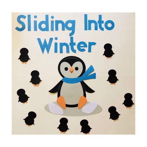 Welcome students back to your classroom at the beginning of a new year or new semester with this cute bulletin board! This beautiful set fits a standard sized classroom bulletin board (4-5 feet in length). The bulletin board set comes with the following: * Sliding Into Winter font * 2 Penguins with Winter Classroom Decor, Preschool Decorations, 2 Penguins, Preschool Door, Winter Classroom Decorations, Winter Bulletin Board, Class Bulletin Boards, Christmas Bulletin Boards, Winter Display