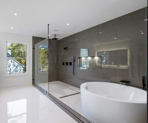 His And Her Sinks Master Baths Modern, 2 Person Shower Master Bath Modern, Large Modern Master Bath, Big Bathroom Ideas Master Suite, Big Master Bath, Tub In Shower, Large Family Bathroom, His And Hers Bathroom, Modern Master Bath