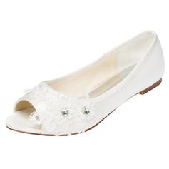 Women's Satin Flat Heel Peep Toe With Crystal Heel Crystal (047102445) Wedding Wedges, Crystal Wedding Shoes, How To Stretch Shoes, Spring Flats, Bridal Women, Bridal Wedding Shoes, Crystal Heels, Wedding Shoes Flats, Wedding Flats