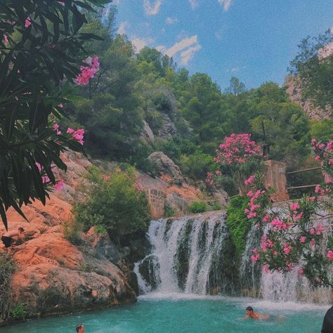 Summer Waterfall Aesthetic, Island Flowers Aesthetic, Peaceful Island Aesthetic, Pretty Waterfall Aesthetic, Summer Water Aesthetic, Flower In Water Aesthetic, Waterfall Aesthetic Wallpaper, Flowers In Water Aesthetic, Waterfall With Flowers