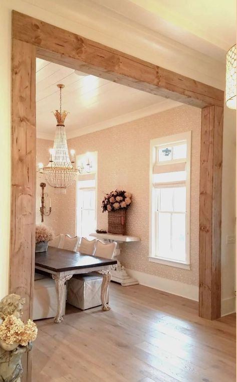 Reclaimed beams + glass chandelier + designer wallpaper = Rustic Elegance. Beam Cased Opening, Rustic Vaulted Ceiling, Ceiling Beam Ideas, Porch To Sunroom Conversion, Ceiling Wallpaper Ideas, Porch To Sunroom, Beam Ideas, Cased Opening, Vaulted Ceiling Beams