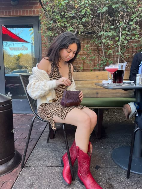 Black And Red Cowboy Boots Outfit, Red Boots Style, Leopard Print And Red, Leopard Slip Dress, Red Cowboy Boots Outfit, Cowboy Vibes, Red Cowgirl Boots, Eclectic Outfits, Boots Leopard