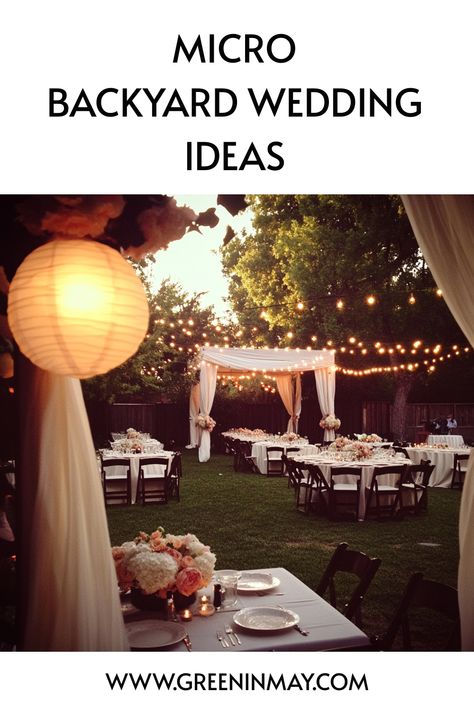 Thinking of having a backyard wedding? Get inspired with these intimate small wedding ideas! From elegant decorations to simple setups, discover how to plan a micro wedding that captures the romance of a small, low-key backyard celebration. Perfect for couples who want a more personal and intimate wedding reception. Micro Backyard Wedding, Micro Backyard, Backyard Wedding Food, Backyard Micro Wedding, Backyard Wedding Ideas, Elegant Decorations, Backyard Wedding Decorations, Small Wedding Ideas, Backyard Celebration