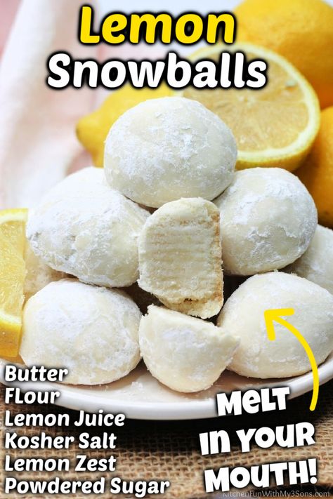 Bulk Cookies Recipes, Fancy Baking Ideas, Winter Lemon Desserts, Desserts With Lemon, Snowball Food, Lemon Snowball Cookies, Lemon Balls, Lemon Ideas, Sunday Treats