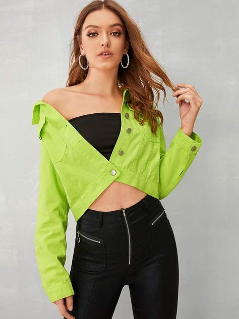 Shein Neon Green Button Through Denim Jacket Neon Jacket Outfit, Green Button Up Outfit, Button Up Outfit, Neon Jacket, Neon Green Color, Green Denim Jacket, Modern Hijab Fashion, Fitted Denim Jacket, Denim Jacket Outfit